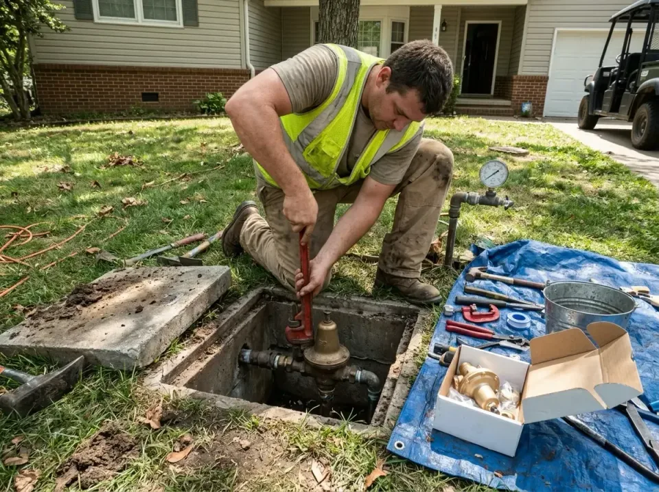 Plumber — Residential — Plumber, Safety Vest, Pipe Wrench, Residential, Plumbing